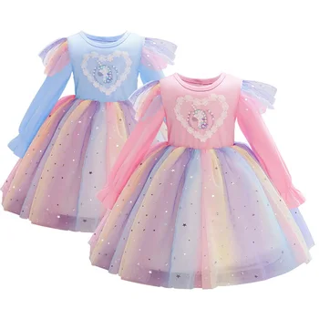 Bebek Kız Unicorn Elbiseler Yaz pamuklu tişört Prenses Tutu Elbise Çocuklar Uzun Kollu Elbise Çocuk Doğum Günü Partisi Kostümü