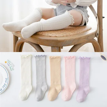 Bebek Kız Çorap Çocuk Tulumları Fırfır Diz Yüksek Uzun Yumuşak Pamuklu Çorap Çiçek Çocuk Bebek Kız Çorap 0-3 yıl