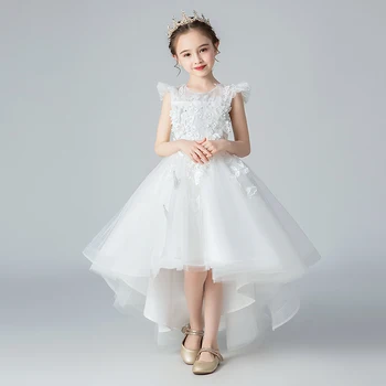 Beyaz Tül Kız Elbise İlk Communion elbise Aplikler Dantel Toddler Kız Pageant Çiçek Kız Elbise Düğün için Parti Prenses