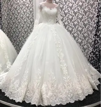 Beyaz Uzun Kollu düğün elbisesi Dantel Aplikler Balo Mahkemesi Tren düğün elbisesi es gelinlikler Vestido De Noivas