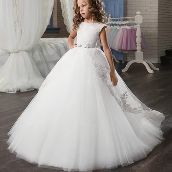 Beyaz Yaz Uzun Nedime Kız Dantel Prenses Elbise Çocuklar Kızlar İçin Elbiseler Çocuk Giyim Parti düğün elbisesi Zarif Elbise