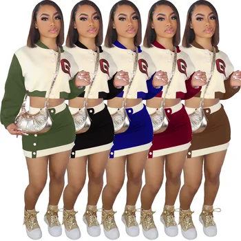 Beyzbol Kadın Patchwork Düğme Midi Mini Etek Takım Elbise Eşofman İki 2 parça Set OutfitAutumn Kış Rahat 2 parça Set Kıyafet