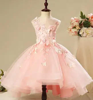 Boncuklu Aplikler Pembe Tül Kız Pageant Balo Çiçek Çiçek Kız Elbise Düğün Kız Parti Prenses İlk Communion elbise