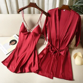 Bornoz Seti Kadın Saten İpeksi Kıyafeti Samimi İç Çamaşırı Seksi 2 ADET Takım Elbise Pijama 2021 Yeni Kimono Bornoz Elbisesi Ev Giysileri