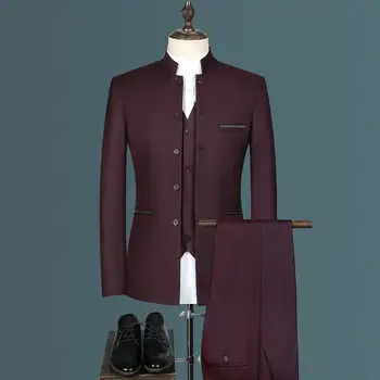 Butik Blazer + Yelek + Pantolon Stand-up Yaka erkek Moda İş Tunik Zarif Rahat Resmi Dekorasyon Takım Elbise 3 parçalı Set