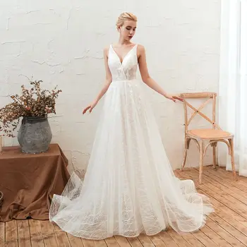Büyüleyici 2022 Spagetti Kayışı Bir Çizgi düğün elbisesi Tül Aplikler Seksi Derin V Boyun Moda Uzun gelinlikler