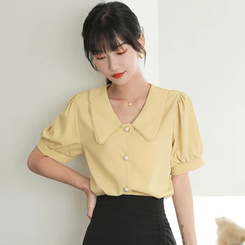 Camisas De Mujer Düğme Şifon Kadın Bluz Kore moda giyim Kısa Kollu Yaz 2022 Bluzlar Bayanlar Üstleri Bayan Gömlek