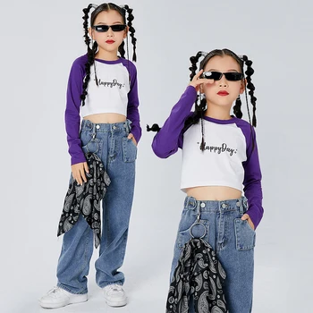 Caz Dans Elbise Kızlar İçin Sonbahar Üstleri Kot Uzun Kollu Hip Hop Kostüm Modern Dans Uygulama Giyim Moda Çocuk Seti DNV16789