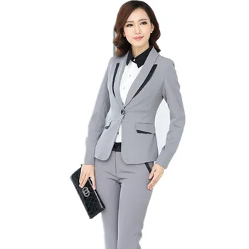 Ceket + Pantolon Açık Gri Kadın iş elbisesi Ince Kadın Ofis Üniforma 2 Parça Pantolon Takım Elbise Bayanlar Kış resmi takım elbiseler