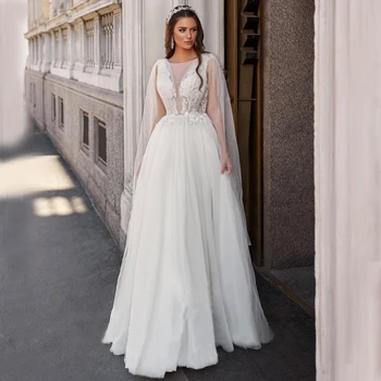 Dantel Aplike A-Line Wrap Cape Tül Bohemian düğün elbisesi Gelin Elbiseler De Mariée Boho düğün elbisesi es