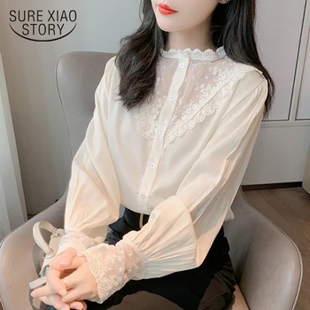 Dantel Gömlek Şık Kadın Gömlek şifon bluz Kadınlar 2021 Sonbahar Gevşek Kore Üstleri Uzun Kollu Katı Kayısı Ofis Hırka 10900
