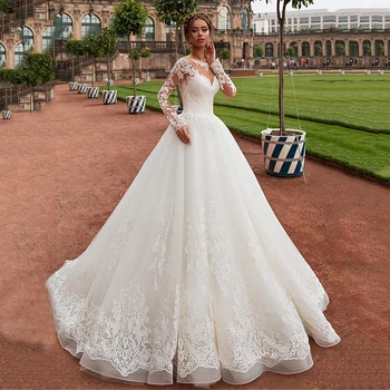 Dantel düğün elbisesi 2021 Uzun Kollu Bohemian Gelin Elbise Aplikler gelinlikler Prenses Artı Boyutu robe de mariee