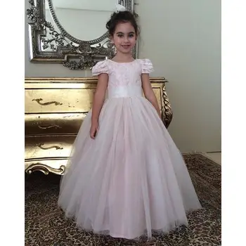 Dantel Çiçek Kız Elbise Cap Sleeve balo elbisesi Custom Made Prenses Ünlü Elbiseleri Doğum Günü Partisi Elbisesi