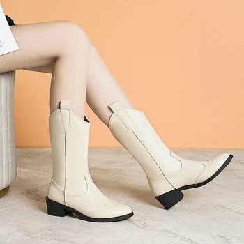 Deri Kadın Batı Orta Buzağı Çizmeler Orta Blok Topuk Sonbahar Yuvarlak Ayak Zip Parti Elbise Ayakkabı Kadın Ayakkabı Kadınlar için platform ayakkabılar