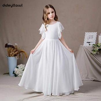 Dideyttawl Uzun Şifon Beyaz Çiçek Kız Elbise 2022 Kelebek Kollu Genç gelinlik modelleri İlk Communion