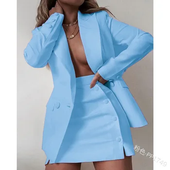 Dropshipping Zarif Ofis 2 Parça Setleri Katı Takım Elbise Etek Setleri Kadın Moda Resmi İş Kadın Setleri Blazer ve Etek