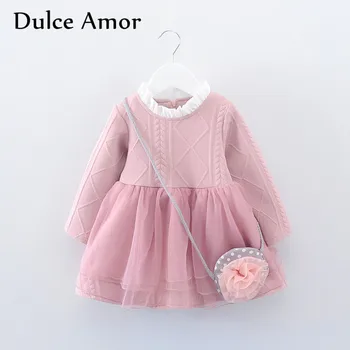 Dulce Amor Kız Elbise Bebek Kız Giysileri Prenses Elbise Çanta İle Yüksek Kalite 2019 Bahar Tam Kollu Dantel Elbise + Aplikler Çanta