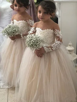 Düğün Vintage İçin Tül Kız Küçük Yarışması Dantel Backless Dantel Prenses Çocuklar Çiçek Kız Elbiseler Elbise Cemaat Dresse