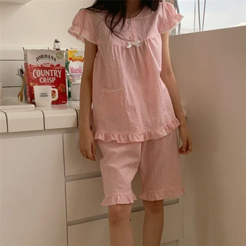 Ekose Yaz Pijama Seti Kadın Kawaii Kısa Kollu Gömlek Tops + şort takımı Dantel Tatlı Ev Takım Elbise Rahat Pamuk Pembe Ev Giysileri