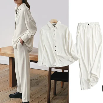 Elmsk Pantolon Kadın Moda Vintage Casual Bluz Kadınlar Blusas Mujer De Moda 2021 Gömlek Ve pantolon Kadın İki Adet Setleri
