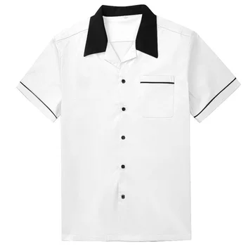 Erkek Casual Gömlek Moda Siyah Yaka Beyaz Erkekler Kısa Kollu Pamuk Rockabilly Büyük Boy Batı Adam Iş Elbiseleri