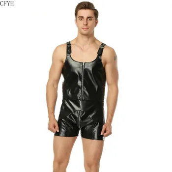 Erkek Seksi PVC Suni Deri İslak Bak İç Çamaşırı Bodysuits Tek Parça Güreş Fermuar Kasık Catsuits Yelek Leotard Fetiş Clubwear