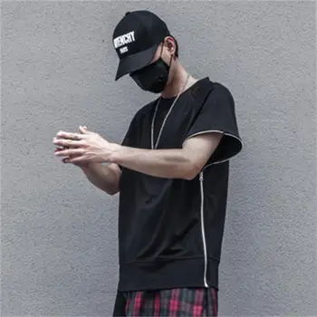 Erkek kısa kollu tişört Yaz Yeni Stil Harajuku Yüksek Sokak Moda Kişilik Yan Fermuar Tasarım Rahat Boy Yarım Kollu