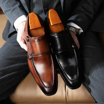 Erkekler Keşiş Ayakkabı El Yapımı Yüksek Kaliteli Deri Kare Ayak Çift Toka Klasik Moda Rahat Günlük Elbise Ayakkabı