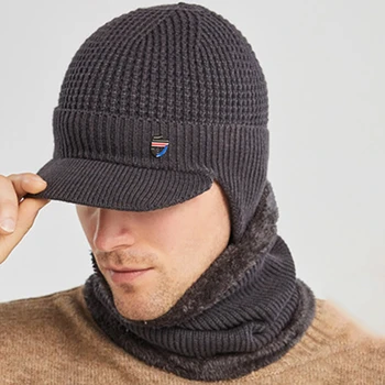 Erkekler Kış 2 Adet Set Vizör Kış Kulaklığı Bere Şapka Eşarp Örgü Peluş Astarlı İsıtıcı