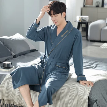 Erkekler Rahat Kimono Bornoz Sonbahar Kış Tam Pamuklu Uzun Elbise Kalın Sıcak Pijama Gömlek Gecelik Erkek Gevşek Ev Giyim