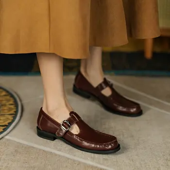 EshtonShero Bahar Kadın düz ayakkabı Hakiki Deri Yuvarlak Ayak T-kayışı Ayakkabı Kadın Loafer'lar temel ayakkabı Kadın