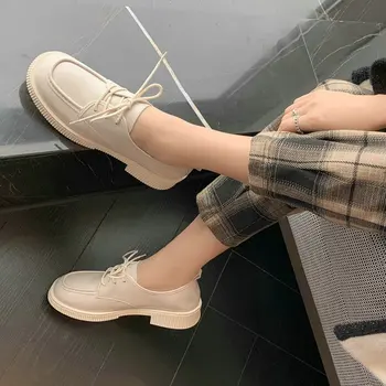 EshtonShero Bahar platform ayakkabılar Kadın Hakiki Inek Deri Yuvarlak Ayak Dantel-Up Düşük Topuklu Tıknaz Taban Beyaz Bayanlar Derby Ayakkabı
