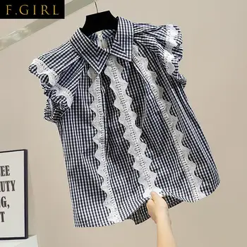 F kızlar Tatlı Dantel Patchwork Vintage T Shirt Kadın Geri Fermuar Turn Down Yaka Rahat Tüm Maç Grafik Tişörtleri Yeni Moda