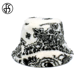 FS 2021 Kış sıcak Balıkçı Şapka Moda Siyah Beyaz Baskı Lambswool Kova Şapka Kadın Erkek Kalın Açık Rüzgar Geçirmez Peluş Kap