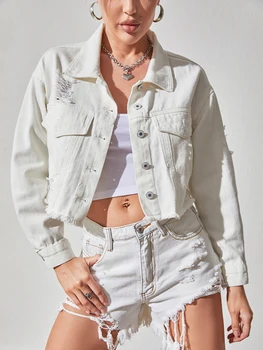 FTLZZ Yeni Bahar Sonbahar Kadın Gevşek Yaka Beyaz Denim Kısa Ceket Streetwear Kadın Tek Göğüslü Cep Coat Dış Giyim Tops