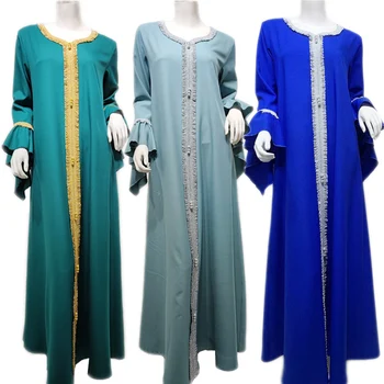 Fas Kadın Nakış Dantel Uzun Maxi Elbise Jalabiya Orta Doğu Malezya Ruffled Kollu Altın Müslüman Abayas Ramazan Arapça