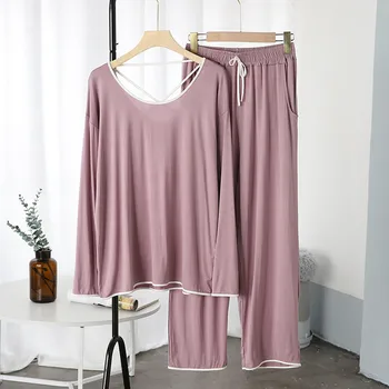 Fdfklak Pijama Kadın Pijama 2021 Yaz Modal Ev Takım Elbise Kadın bol tişört + İpli Pantolon 2 Parça Set Eşofman