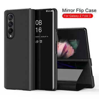Flip Ayna samsung kılıfı Galaxy Z Kat 3 5G PU Deri Zaman Ekran Standı Geri Telefon Kapak Çapa Galaxy Fold3 Kılıfı