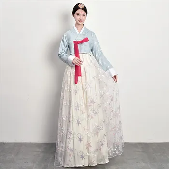 Geleneksel Kore Giyim Kadın Hanbok Elbise Asya Milliyet Retro Saray Nakış Uzun Kollu Hanbok Performans Kostüm