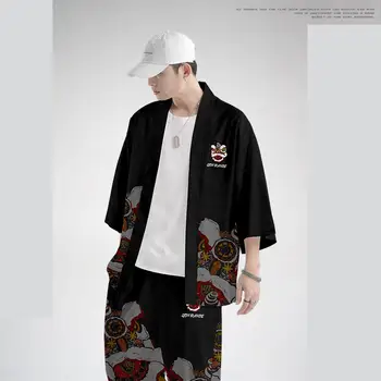 Geleneksel Siyah Baskı Kimono Pantolon Japon Samuray Giyim Erkek Salonu Streetwear Japanischer Stil Yüksek Kaliteli