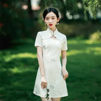 Geleneksel Çin Tarzı Dantel Çiçek Nakış Qipao Vestido kadın Kısa Kollu Cheongsam