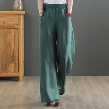 Geniş Bacak Pantolon Yüksek Bel Düz Pantolon Pamuk Keten Vintage Yaz Gevşek Pantolon Kadın Rahat Uzun pantolon Artı Boyutu