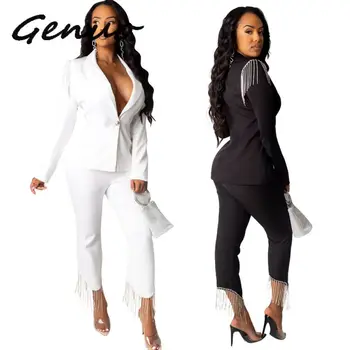 Genuo Yeni Katı Beyaz Dış Giyim Üst Dış + Uzun pantolon Rahat Moda Kolsuz Uzun Pantolon 2019 Ofis Iş Kadın 2 parça Setleri