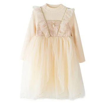 Genç Kızlar Örgü ve Örgü Patchwork Elbise 2021 Sonbahar Kış Bebek Çocuk Sevimli Prenses Elbise Çocuk moda giyim, #6704