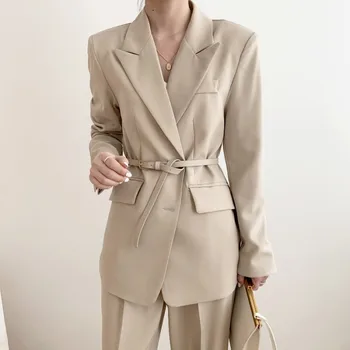 Gevşek Casual Kadın Blazers Kore Öğrenci Blazer Uzun Kollu Cep Ceket Ofis Bayan İş Blazer Ceket Sashes