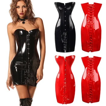 Gotik Bayan Seksi PVC Faux Deri Korse Elbise Uzun Siyah Kırmızı Şekil Vücut Ince Bustiers Overbust Korseler Lateks Catsuits