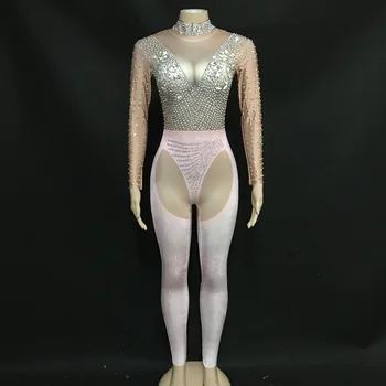 Gümüş Rhinestones Uzun Kollu Streç Tulum Doğum Günü Kutlamak Kıyafet Balo Parti Kostüm Kadın Şarkıcı Tek parça Giyim