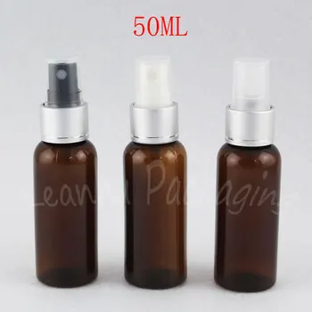 Gümüş Sprey Pompalı 50ML Kahverengi Plastik Şişe, 50CC Boş Kozmetik Kabı, Toner / Makyaj Suyu Paketleme Şişesi