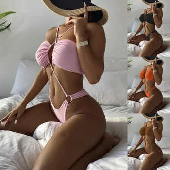 Güneşli Y. j. 2022 Yaz Moda Yeni mayo Kadınlar için Tek Parça Düz Renk Push Up Bikini Mayo Askısı Seksi Mayo