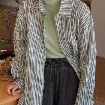 HOUZHOU Vintage Uzun Kollu Çizgili Yeşil Bluz Kadın Harajuku Büyük Boy Japonya Tarzı Şık Estetik Gömlek Kadın Kore Moda
